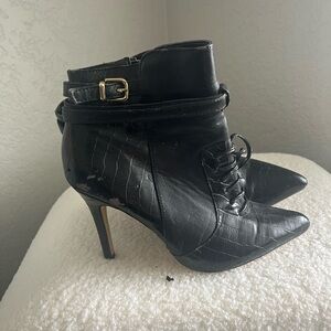 Black Pointed-Toe Lace-Up Ankle Boots with Buckle